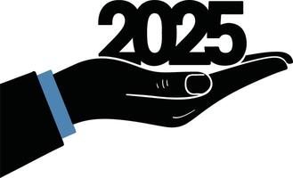 A hand holding the word 2025 with a blue background vector