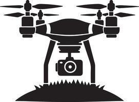 A black and white silhouette of a drone with a camera vector