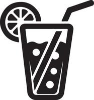 A black and white icon of a drink with a straw and slice of lemon vector