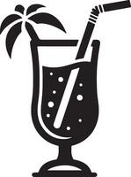 A black and white illustration of a drink with a straw and a palm tree vector