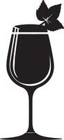 A black and white illustration of a glass with a leaf vector