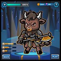 Cute kawaii cartoon minotaur hero game design holding a axe. vector
