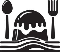 A black and white illustration of a dessert with fork and spoon vector