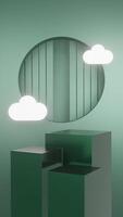 3d animation green podium and clouds minimal product display background, green podium. Product visualization on the platform. video