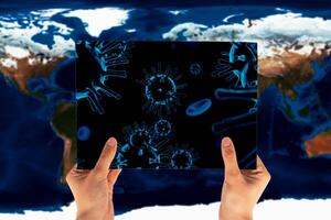 Hand keep sign with 3D illustration of coronavirus photo