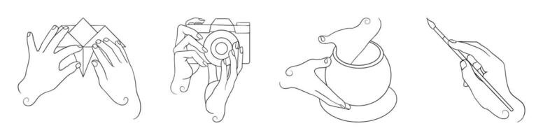 Line art illustration representing hands creating origami, taking pictures, preparing spices and painting vector