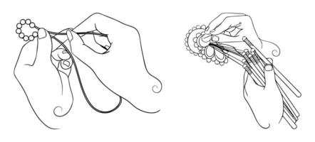 Close up of hands creating handmade jewelry, working beads and wires vector