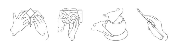 Line art representing hands making origami, taking pictures, using mortar and pestle and painting, concept of hobbies and creativity vector