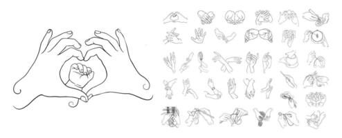 Heart shaped hands encircling newborn's fist, featuring silhouette line art with diverse hand gestures representing familial connection, affection, and emotional bonding vector