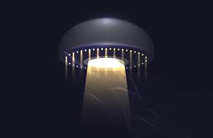 Alien spaceship emitting light beam in the blue sky. Ufo Uap concept, Unidentified Flying Object Saucer, cartoon style. Extraterrestrial visitors. vector