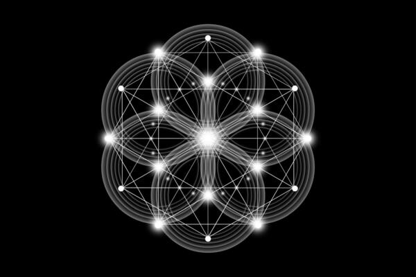 Seed Flower of life lotus icon, logo mandala sacred geometry, symbol of harmony and balance. Mystical talisman, white circles lines isolated on black background