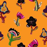 a colorful pattern with flowers and leaves on an orange background vector
