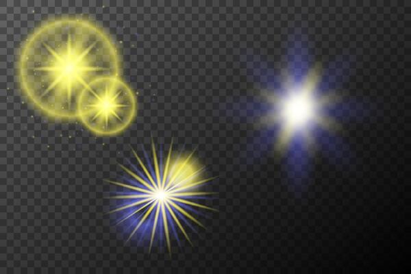 three different colored stars and light rays on background