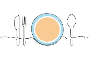 Minimalist continuous one line drawing of plate with fork, spoon and knife. Restaurant concept line icon. vector