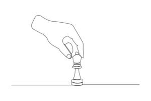 Hand holding chess piece one line drawing. Chess game concept outline vector