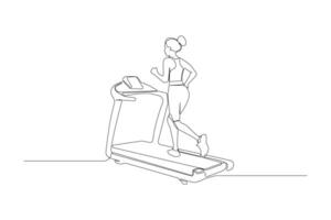 Woman running on treadmill continuous line drawing. Treadmill outline isolated on white background. vector
