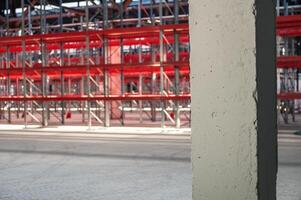 Warehouse with empty high pallet racks, shelving system photo