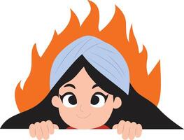 Fiery Girl Peeking Over Wall Cartoon peeking, happy Lohri Fire Dancer vector