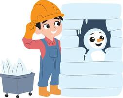 Boy Builds Snowman Ice Igloo Winter, happy Ice Sculpture Builder vector