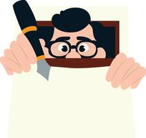 Man Cutting Paper, Secret Message Illustration. peeking, happy Handwriting Day Calligrapher vector
