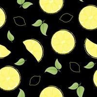Seamless pattern with hand drawn lemon slice on black background. Fresh organic fruit, healthy, vegan, raw food. vector