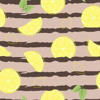 Seamless pattern with hand drawn lemon slice on striped background. Fresh organic fruit, healthy, vegan, raw food. vector