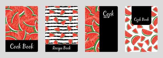 Set of cover designs for notebook, notepad, cook book, catalog with red, ripe watermelon. Vertical format A4, A5. vector