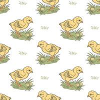 Seamless pattern with cute funny chicks and flowers. Spring background for kids, print vector