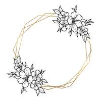 A flower wreath in a circle with a gold geometric frame vector