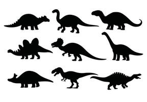 set of isolated dinosaur silhouettes. Includes various prehistoric species in a simple black design. Perfect for educational materials, themed decorations, and creative projects. vector