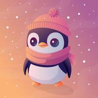 Penguin in a hat. Cute winter characte illustration with trendy gradient. vector