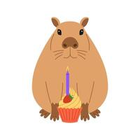 Funny festive capybara sits with cupcake with candle. Cute capibara for holiday greeting card, invitation, banner. Birthday character. Flat illustration isolated on white background vector