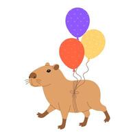 Funny festive capybara walks with bunch of balloons. Cute capibara for holiday greeting card, invitation, banner. Birthday character. Flat illustration isolated on white background vector