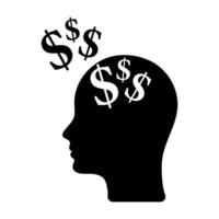 Head icon with dollar signs. Thoughts about money. Money addiction and oniomania . Business strategy, financial planning. Solving financial problems. vector