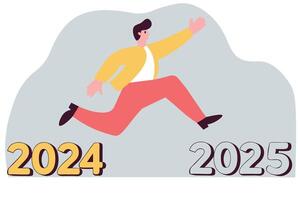 Illustration of a businessman dressed in formal attire leaping over a giant number 2024 and landing on 2025 vector