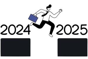 Illustration of a professional businessman, dressed in a formal suit, leaping over a canyon with numbers '2024' on one edge and '2025' on the other, signifying the transition into a new year vector