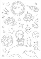 Coloring page with capybara astronaut, rocket, moon and two alien. template for children coloring book, print and poster. vector