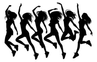 Silhouette group of jumping female dancer . vector