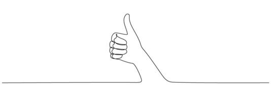 Thumb up in one continuous line. Symbol of goodness . Positive gesture showing like sign in single line style . editable stroke vector