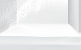 3d clean soft stage background product display podium scene with palm leaf floral decor. Blurred soft light architectural background with white show product podium. vector