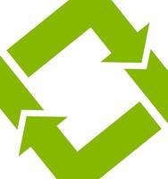 Two green arrows rotating and forming a square on a white background representing circular economy, recycling, reload, refresh and sustainability vector