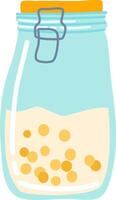Chickpeas preserved in a light blue jar with an orange lid and wire closure, offering a nutritious and healthy option for meals. Perfect for vegetarian and vegan diets vector