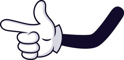 Cartoon hand making a playful gun gesture, with index finger and thumb extended like a pistol, expressing both humor and a hint of threat in a whimsical manner vector