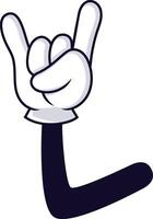 Cartoon hand displaying the rock and roll gesture with index and little finger raised, expressing enthusiasm for music, concerts, and vibrant festival experiences vector