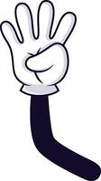 Cartoon hand with four fingers extended, making a gesture that can represent the number four, a greeting, or other symbolic meanings, against a clean white backdrop vector