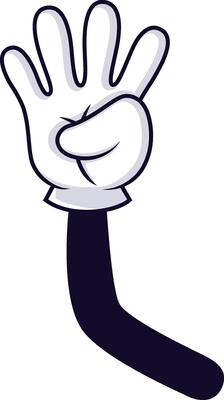 Cartoon hand with four fingers extended, making a gesture that can represent the number four, a greeting, or other symbolic meanings, against a clean white backdrop