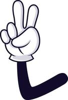 Cartoon hand making peace sign with two fingers raised, symbolizing victory, peace, or agreement in a playful and expressive way, isolated on white background vector