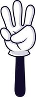 Cartoon hand wearing a white glove and dark sleeve is displaying three fingers in a counting gesture, conveying a playful and expressive nonverbal message vector