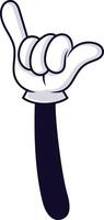 Cartoon hand gesturing with thumb and little finger extended, representing the shaka sign, often linked to surfing and Hawaiian culture, expressing coolness and aloha vector