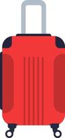 Red rolling suitcase with extended handle, ready for a vacation or business trip, symbolizing travel, tourism, and the excitement of exploring new destinations vector